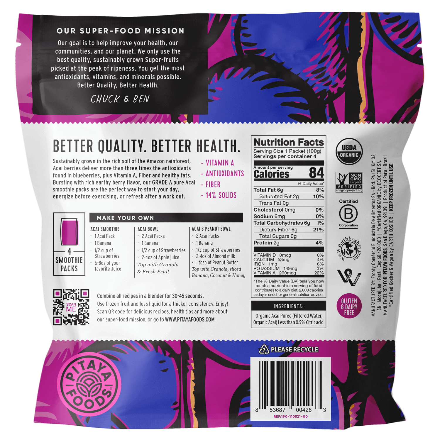 Acai Berry Smoothie Packs Pitaya Foods