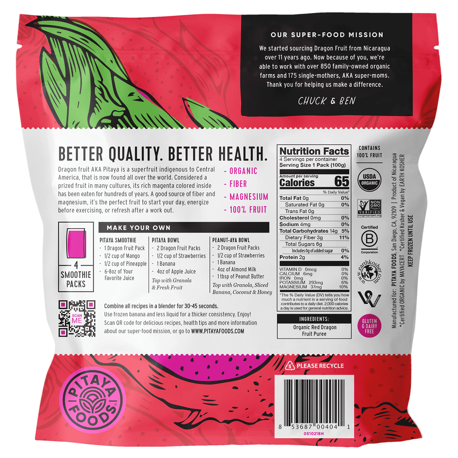 Pitaya Foods Organic Dragon Fruit Smoothie Packs