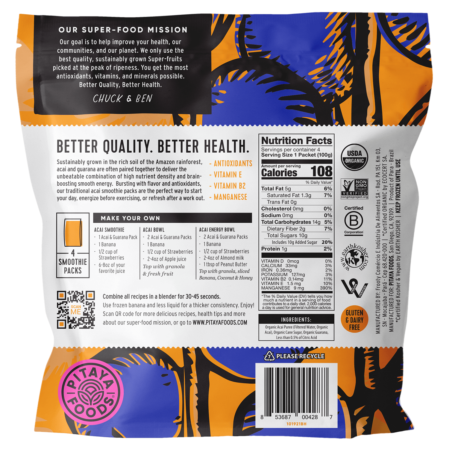 Pitaya Foods Organic Acai Traditional Smoothie Packs