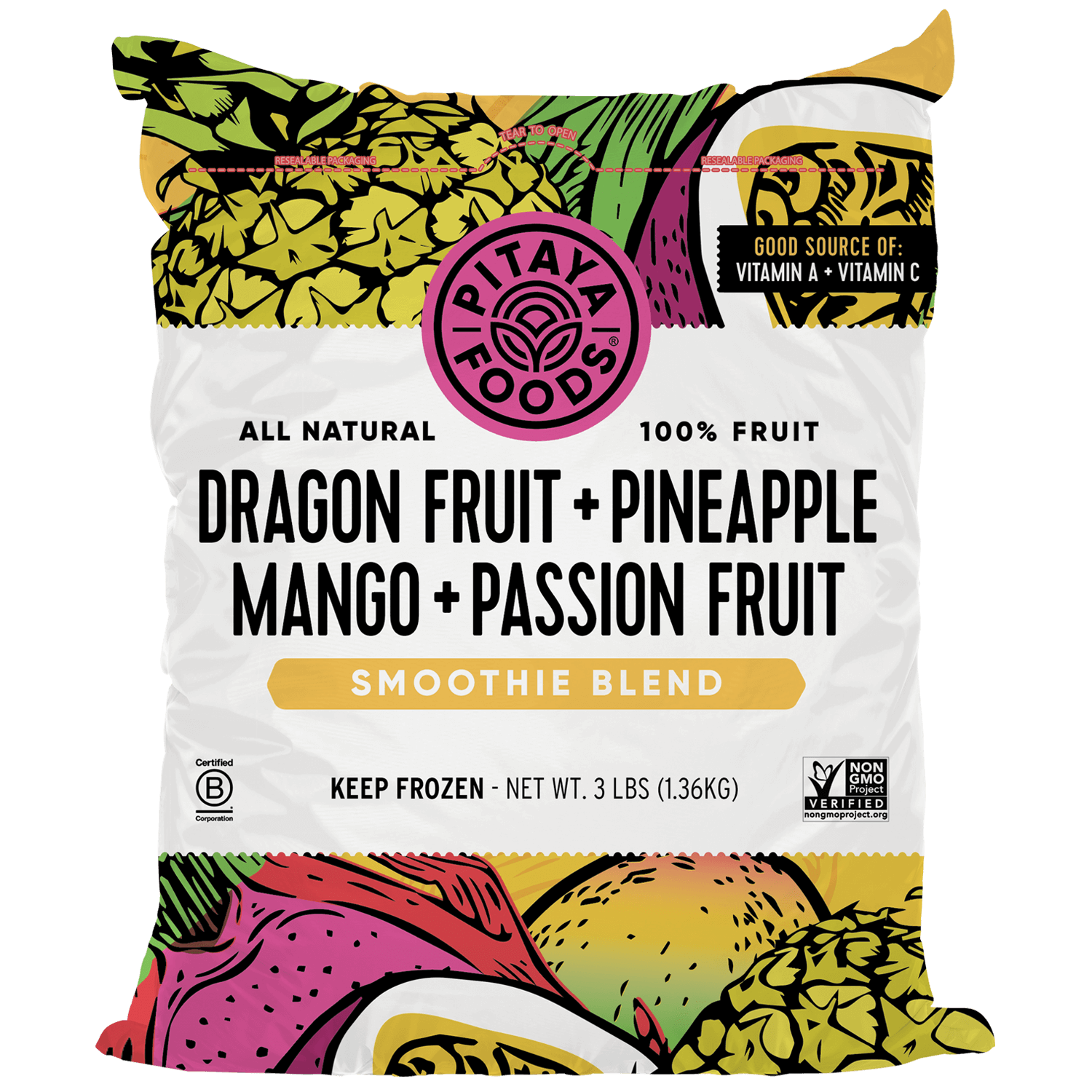 Natural Dragon Fruit + Pineapple + Mango + Passion Fruit Smoothie Blend 3Lb