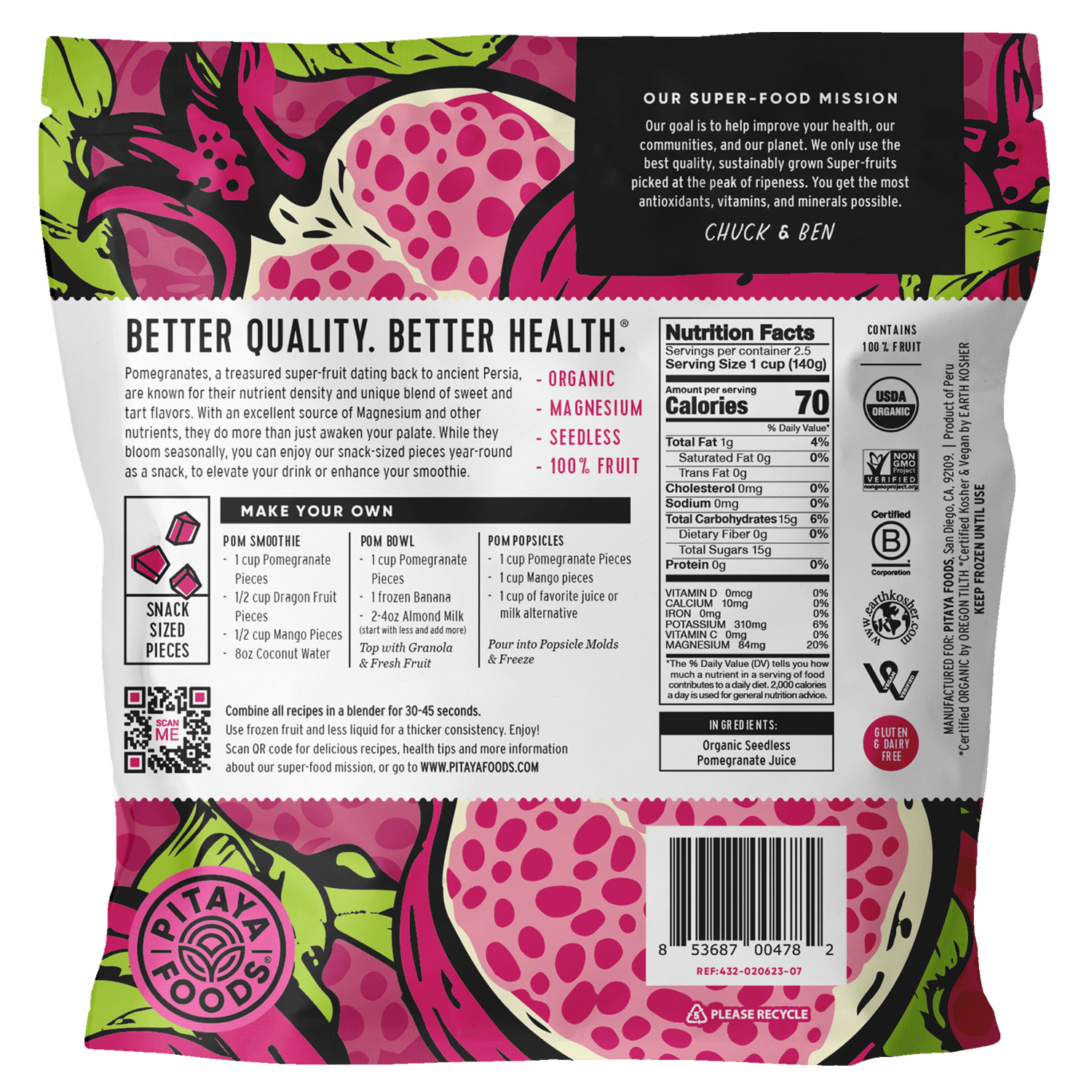Pitaya Foods Organic Pomegranate Seedless Cubes Back Pouch
